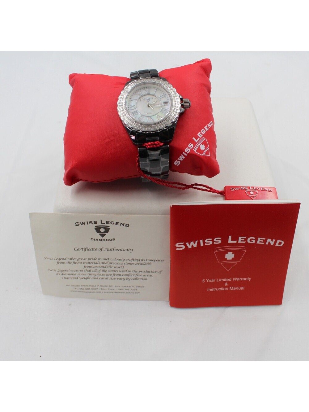 NWT Swiss Legend Karamica Women's Black Ceramic Diamond Watch MOP w/ COA Papers